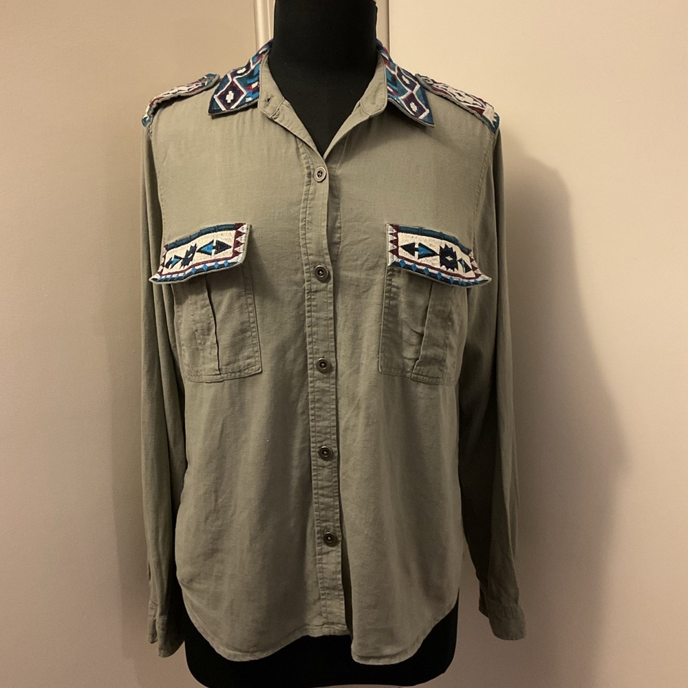 RAILS Kona Button-Front Linen Blend Embroidered Olive Green Shirt Size S Boho - Picture 2 of 8
